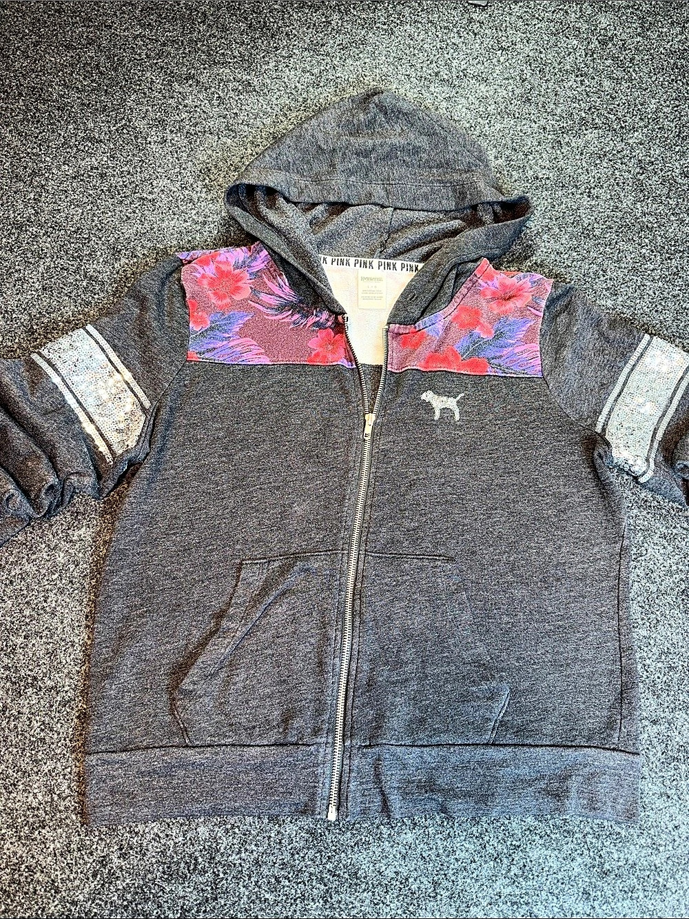 Victoria's Secret PINK Floral Zip Hoodie Gray & Red Size Large Light Wear.